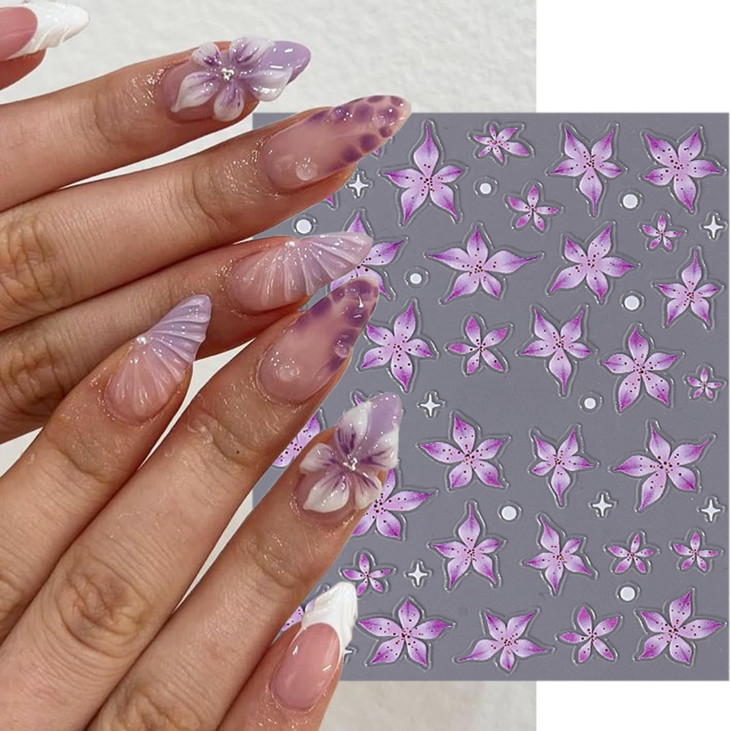 3 Sheets 5D Embossed Flower Nail Stickers Purple Sheet, Pink and Green
