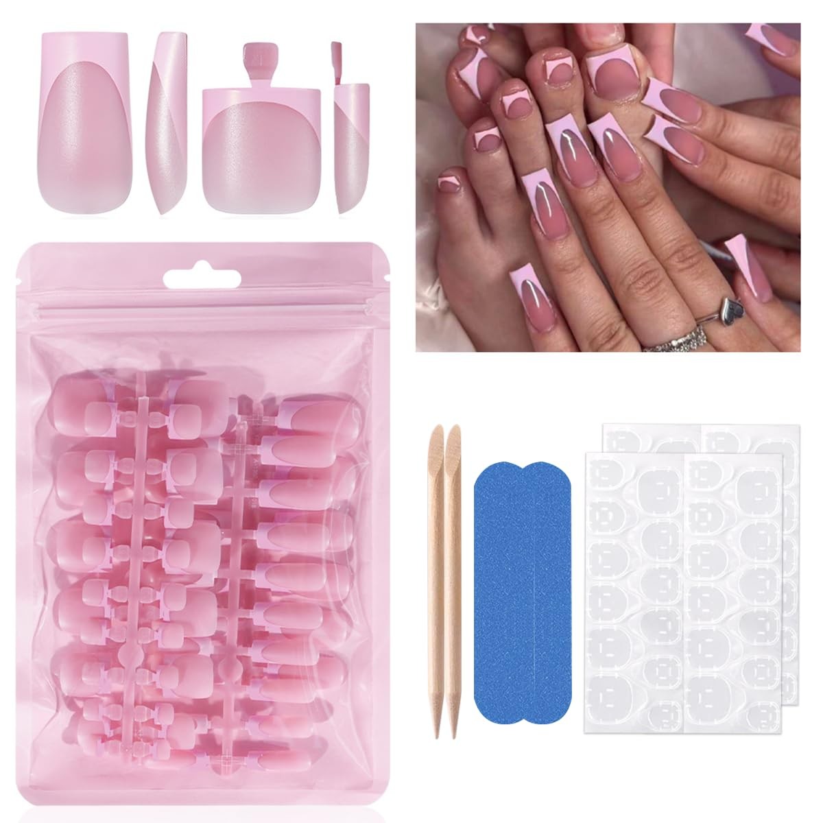 60Pcs French Tip Press on Nails & Toenails Set,Pink Medium, Style-6