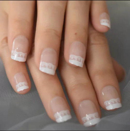 24 Short White Lace French mani Press on nails set glue fun baby boomer nude
