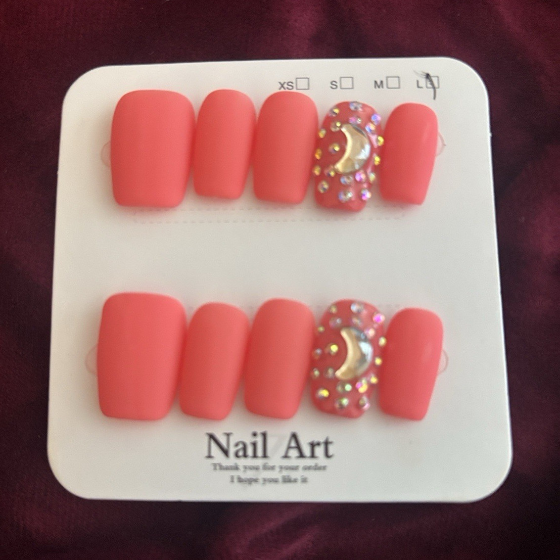 Nail Art Press-On Nails Set Pink Matte 3D Moon Rhinestones Long Coffin