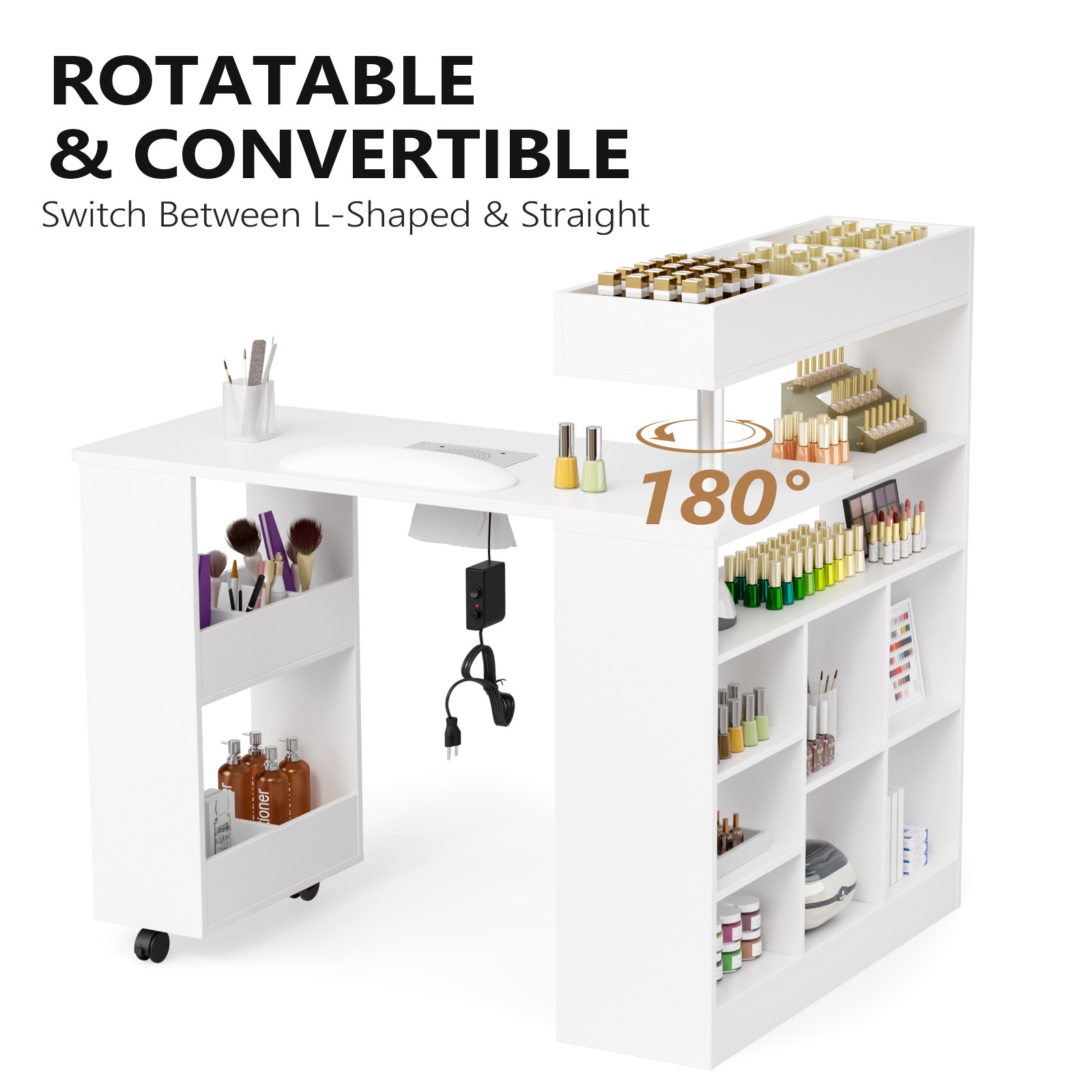 L Shaped Manicure Table with Wrist Rest & 180° Swivel Desktop and Dust Collector