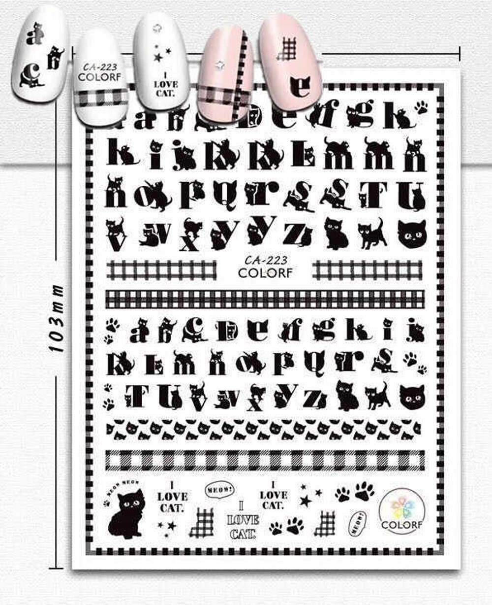 Nail art 3D stickers decal black letters cats kittens paws I love cat CA223
