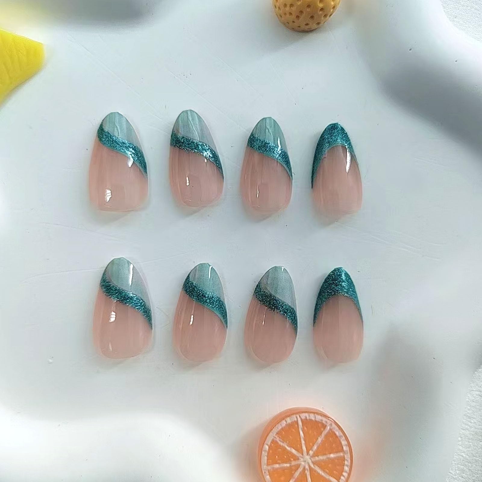 Blue French Tip Press on Nails Short Almond Fake Nails with Glitter Designs S…