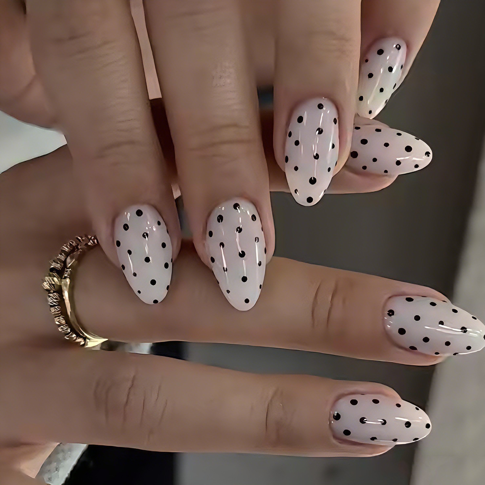 48Pcs-Medium Almond Milky White Black Polka Dot Minimalist Press on Nails
