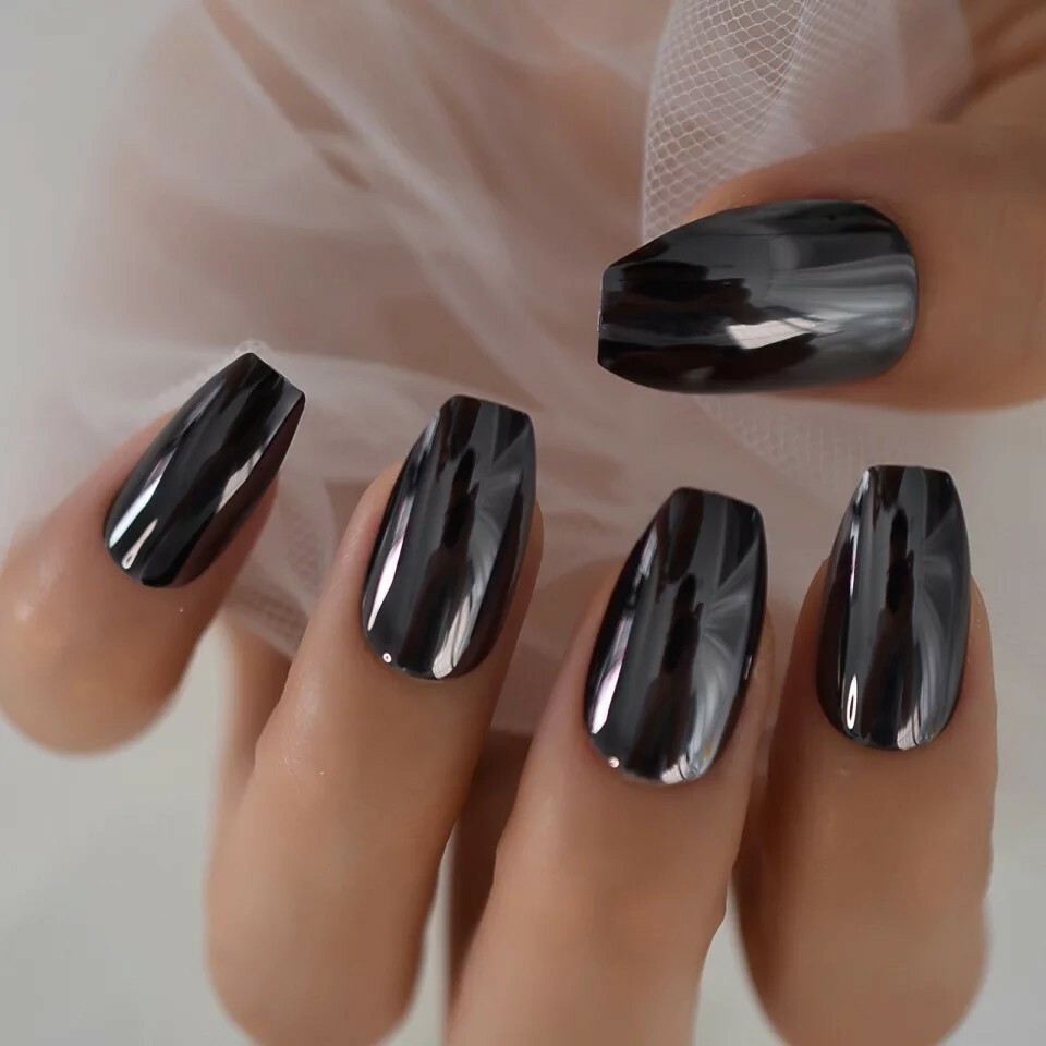 Gunmetal Gray Chrome Mirror Medium Coffin Press On Nails Fake False 24 Set