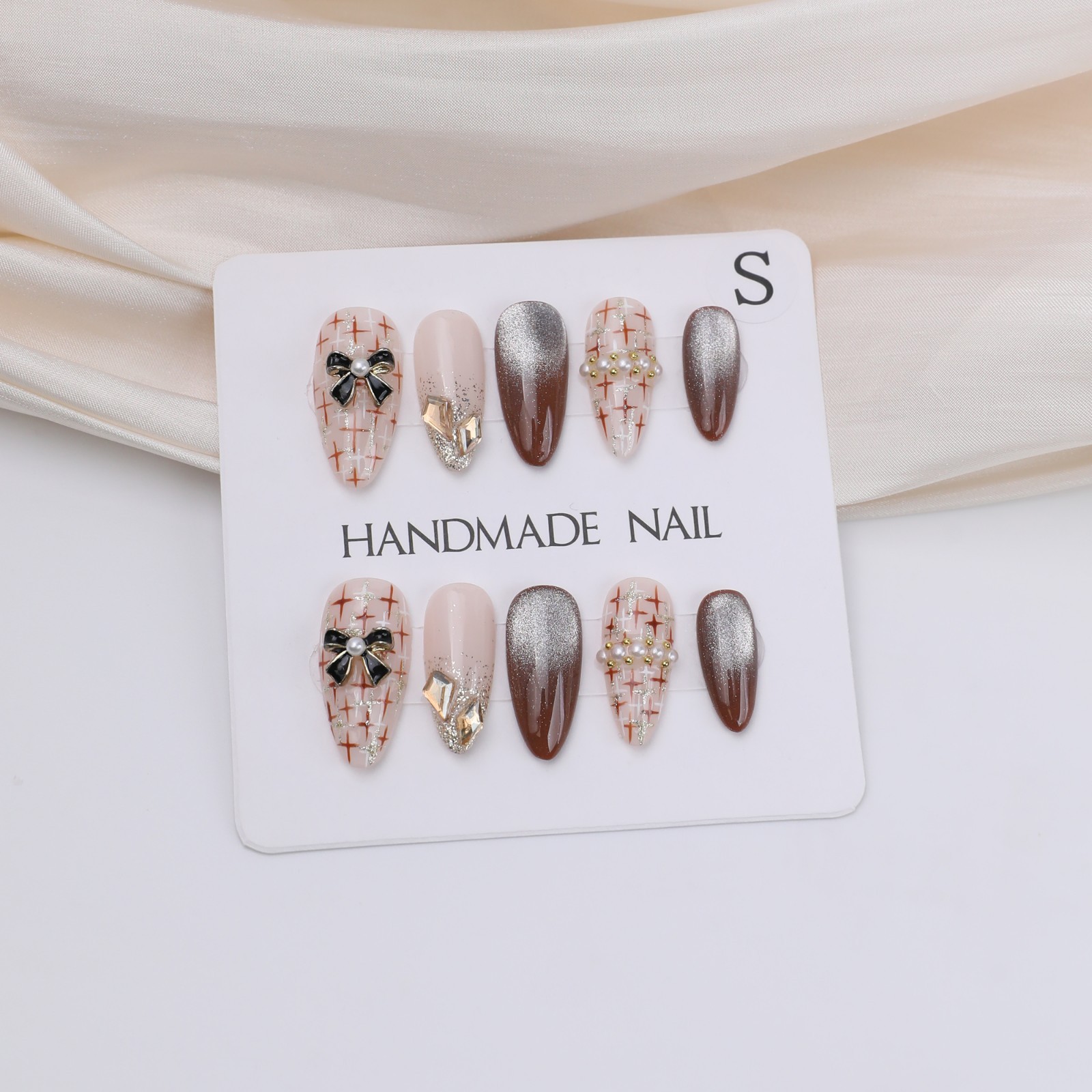 Medium Almond Press On Nails Nude Brown Plaid Bow Pearl Glitter Party Nail Set