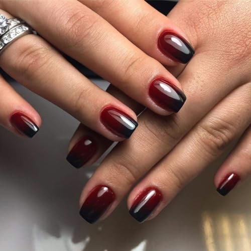 Ombre French Press on Nails Short Square, Dark Red glossy square ombre red