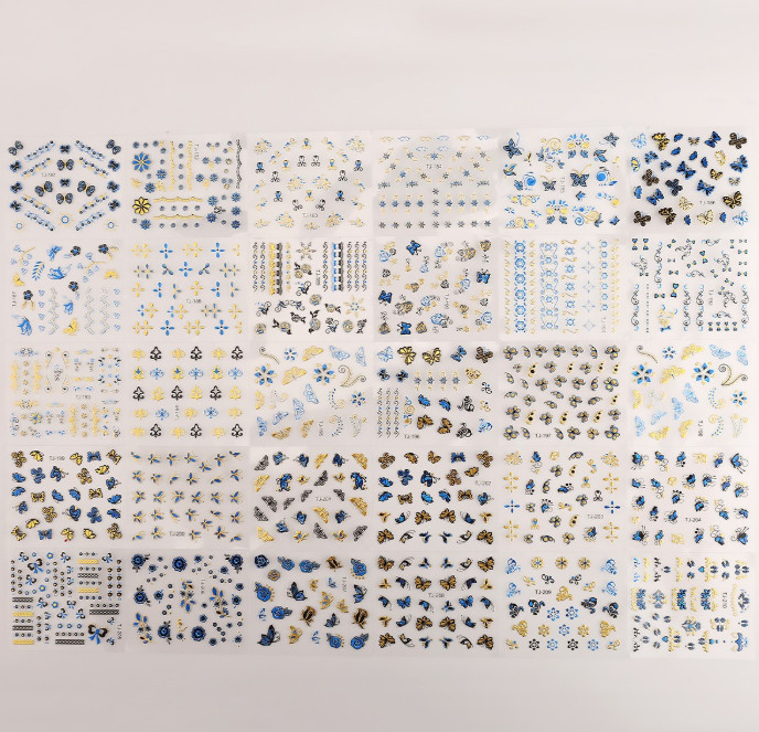 30Sheets Nail Art Stickers Blue Gold Lace BUTTERFLY ROSE FLOWER Slider TJ