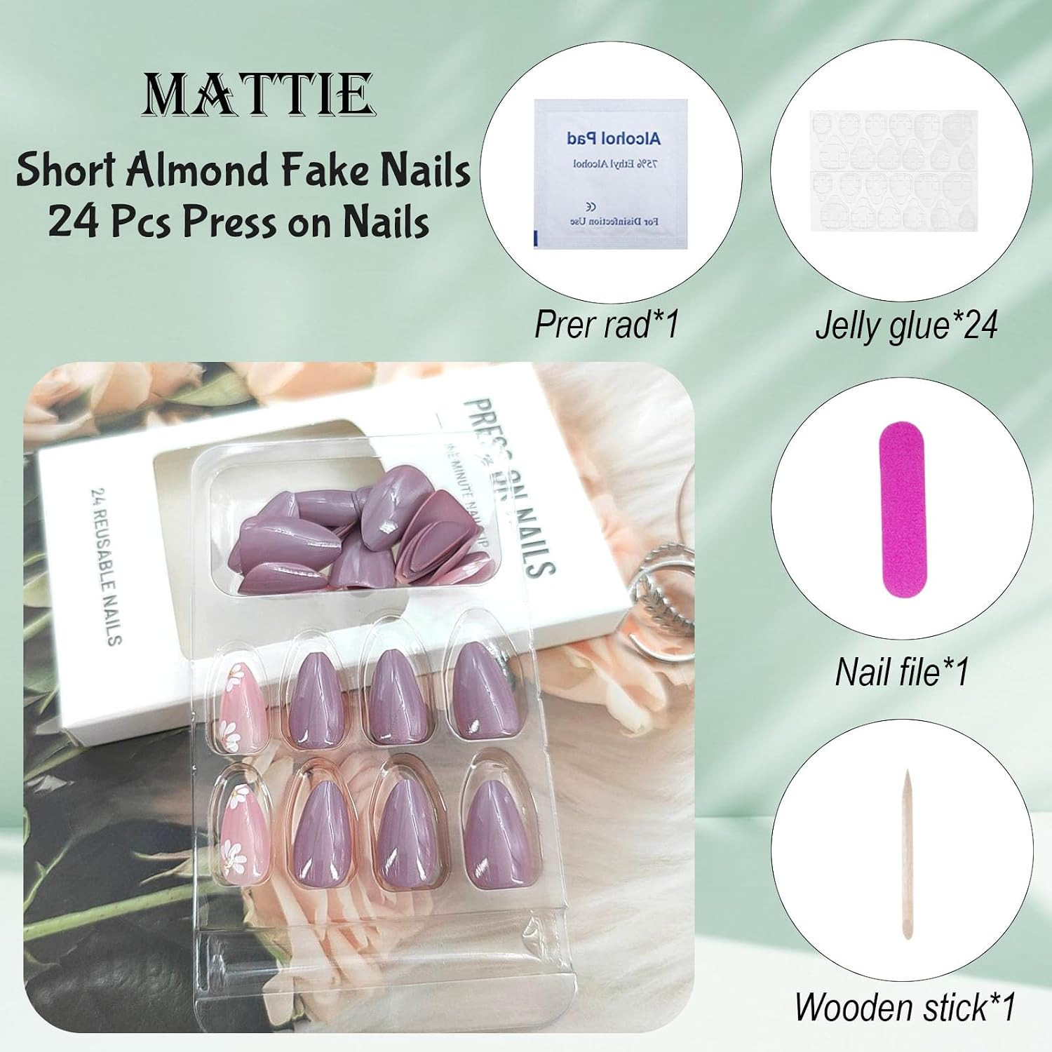Press on Nails Short Almond Fake Nails with White Flower Golden Glitter Design G