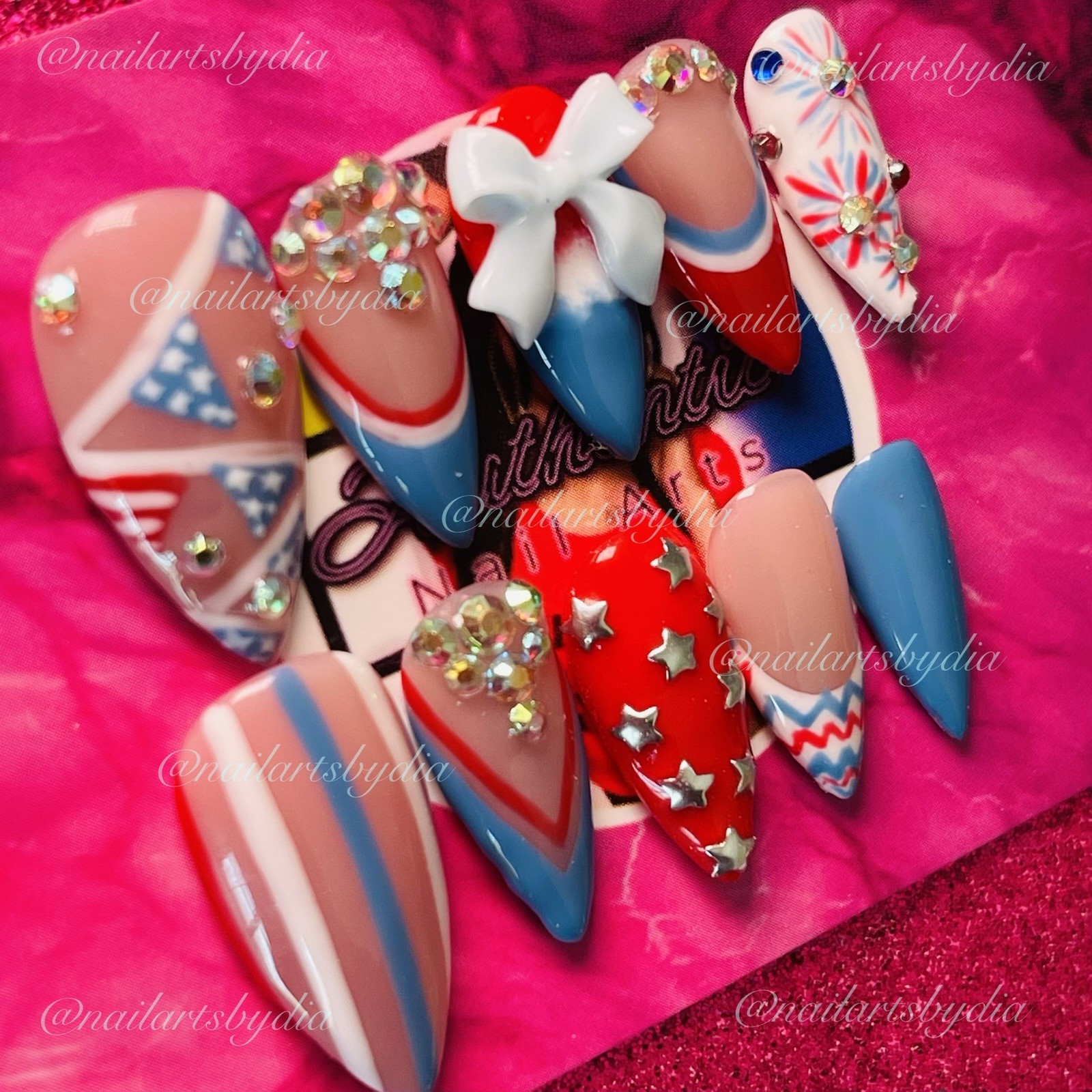 Authentic Nail Arts by Dia Stiletto Press-On Nails Long 3D Rhinestone Patriotic