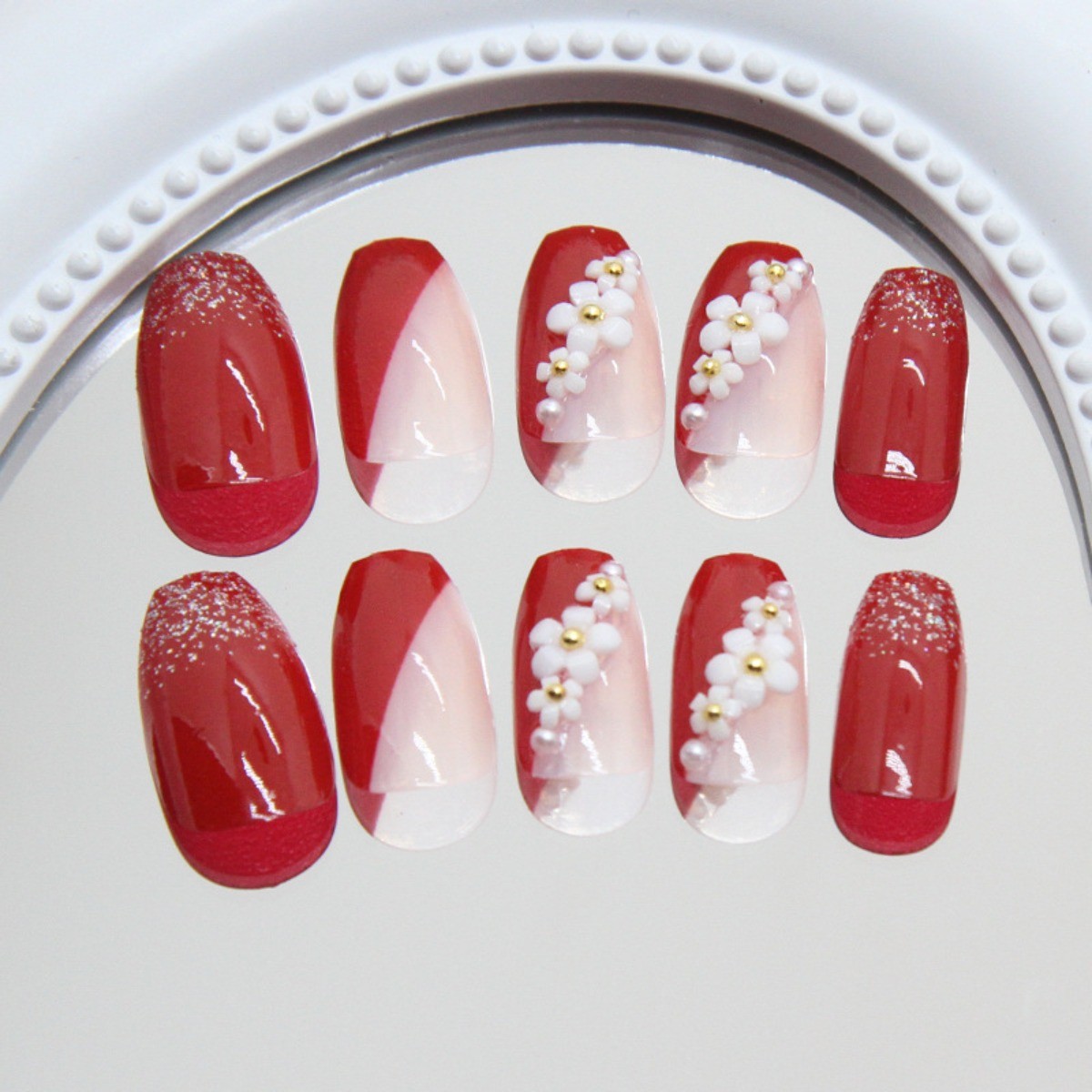 48Pcs-Medium Square Wine Red Glitter Gradient Flower Rhinestone Press on Nails