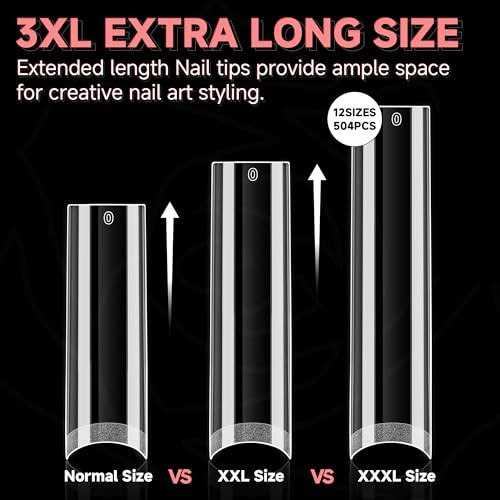 504PCS No C Curve Tapered Square Nail Tips, 3XL Extra Long Straight Square 3XL