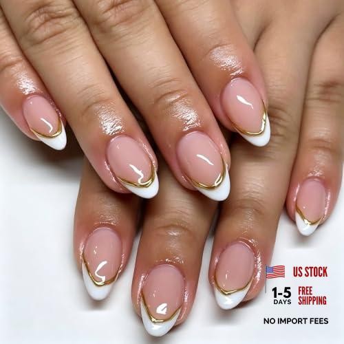 24Pcs Medium Almond White French Tip Double Gold Line Nude Short Style-30