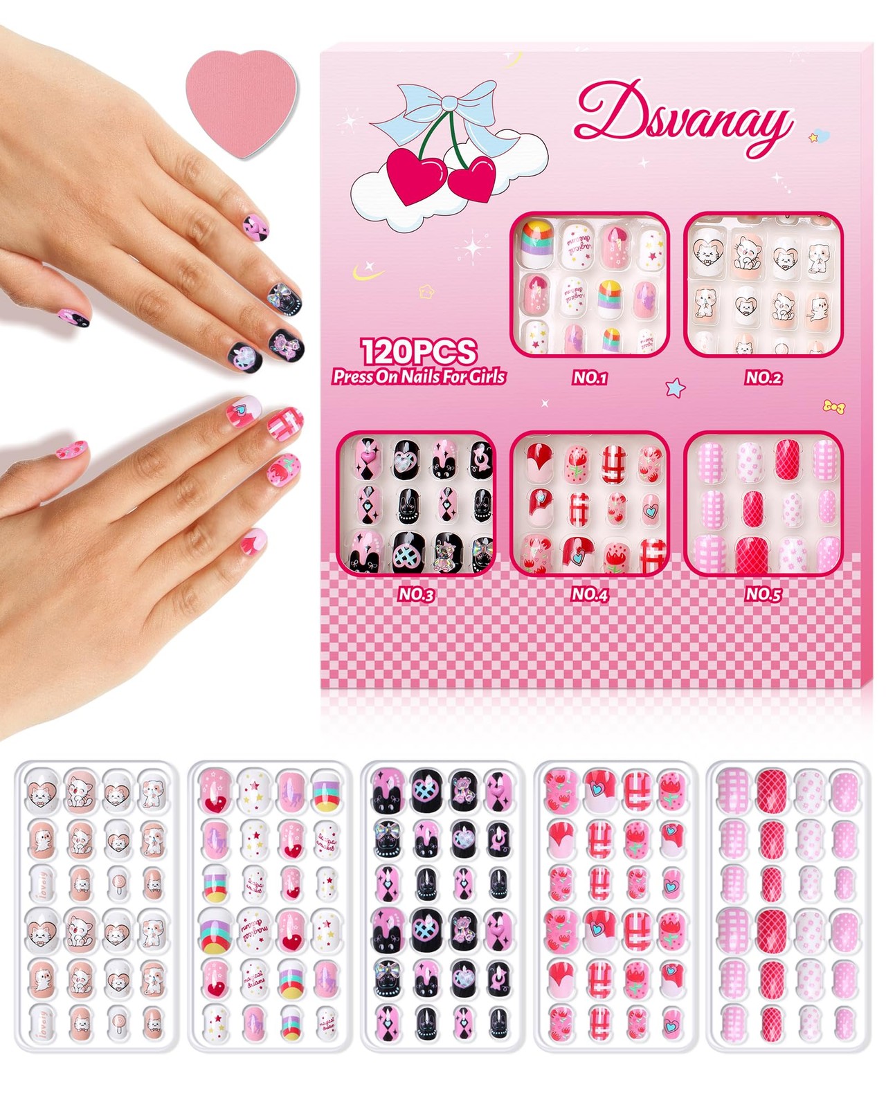 120PCS 5 Pack Press on Nails for Kids,Tweens Girls Soft Fake Nail Kit, Reusab…