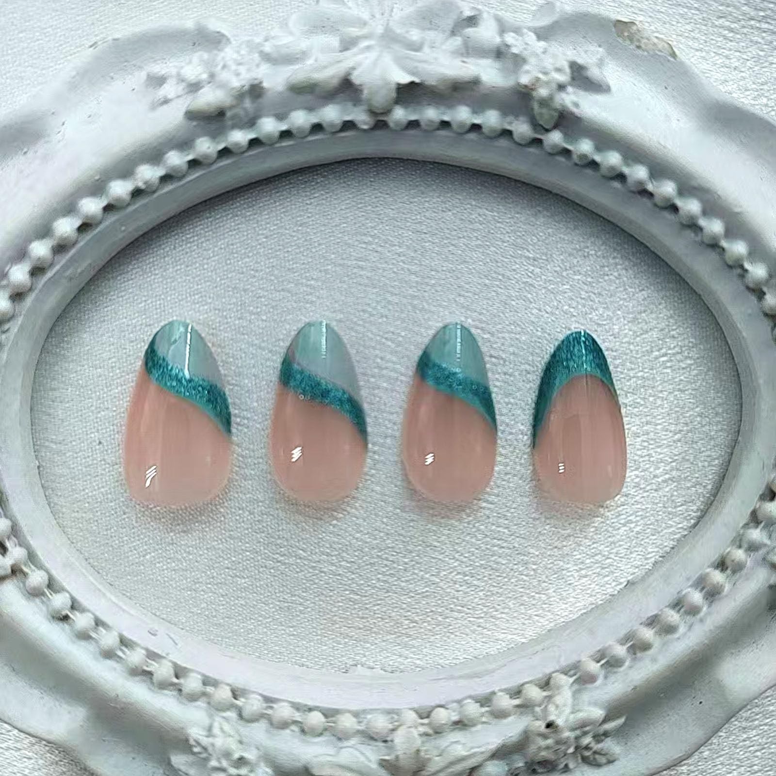 Blue French Tip Press on Nails Short Almond Fake Nails with Glitter Designs S…