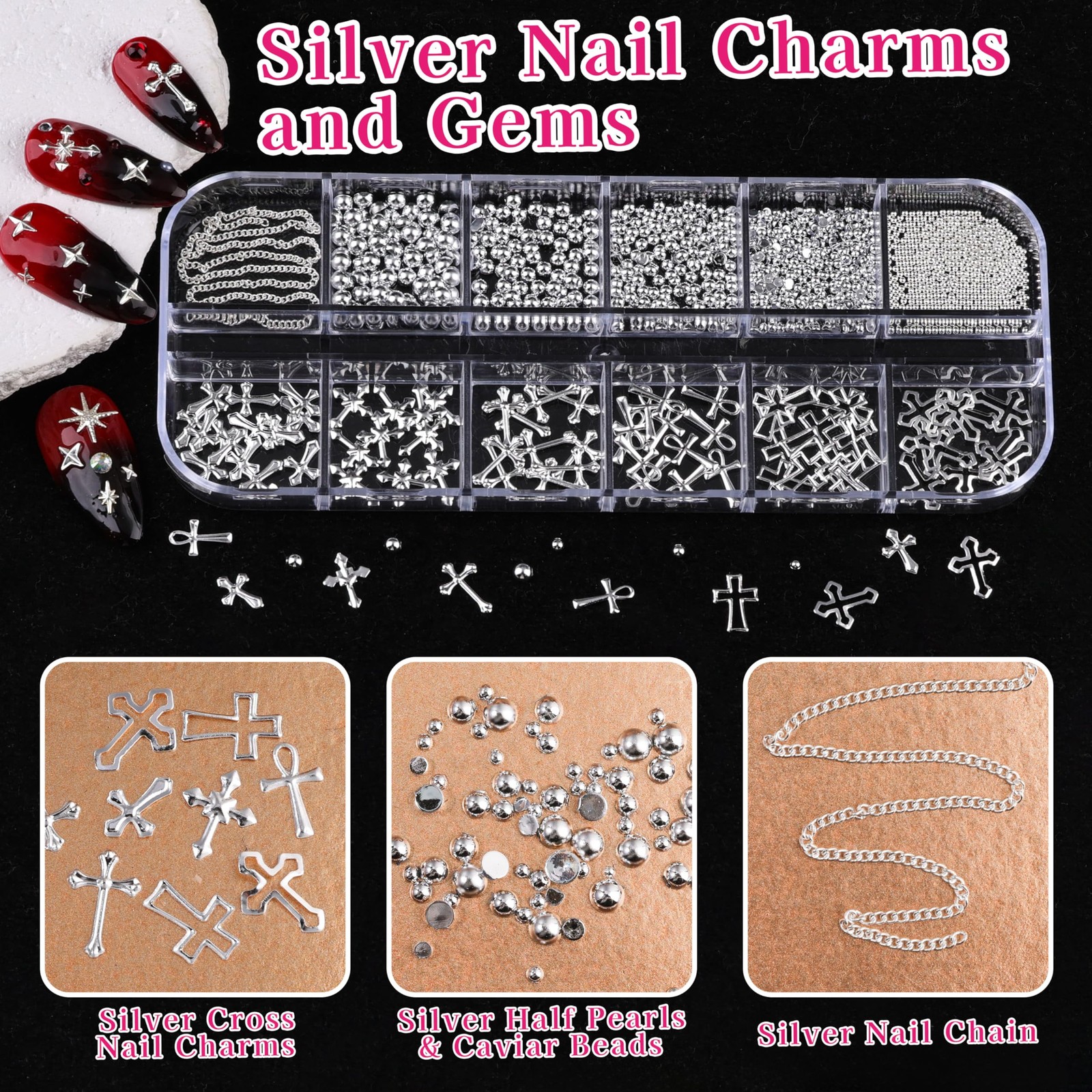 Gold Silver Star Cross Bows Nail Charms, 6 Boxes 3D Metal Y2K Nail Charms and…