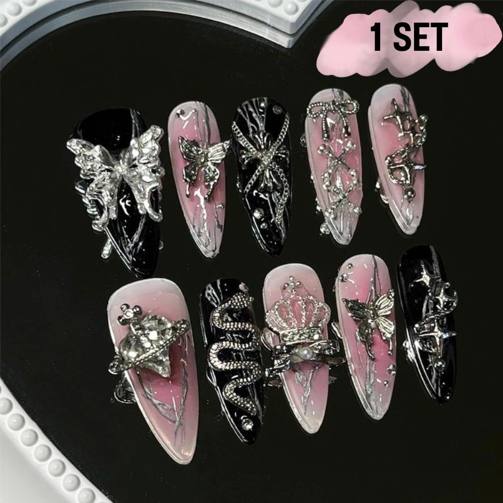 Ready-made artificial nails, gel nails, handmade, durable Pink and black 1 set
