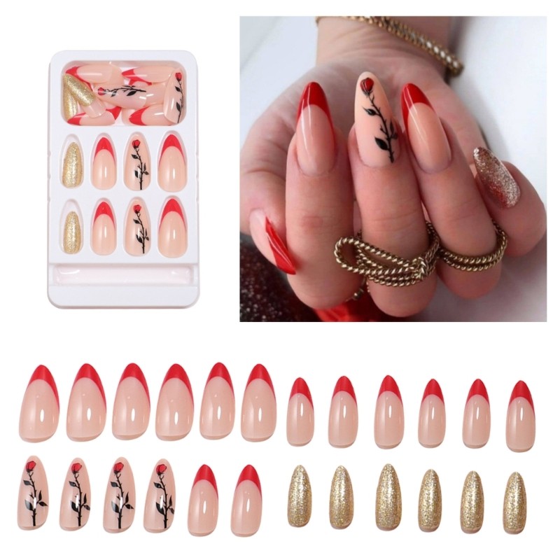 24Pcs Valentines Day Press On Nail Medium Almond French Tips for Any Occasion