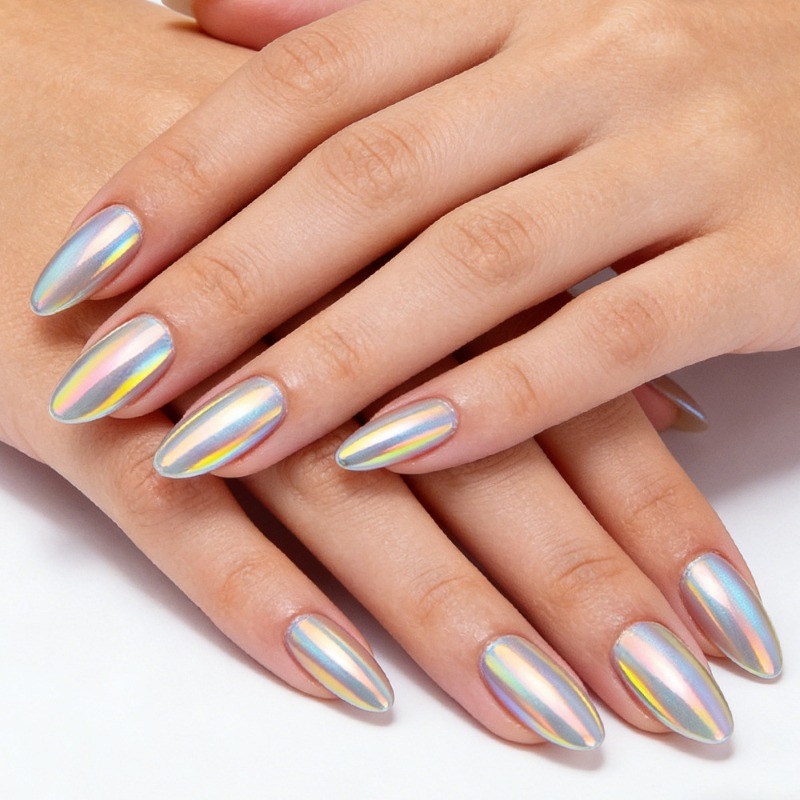 64pcs-Silver Holographic Press on Nails, Medium Almond Chrome Mirror Fake Nails