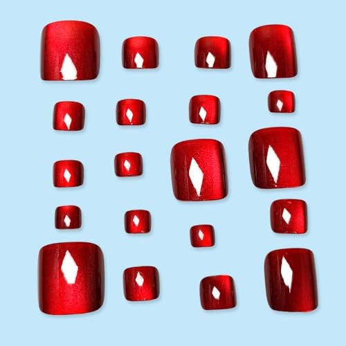 Wine Red Press on Toenails Cat Eye Fake Toe Nails Square Acrylic Short Style 2
