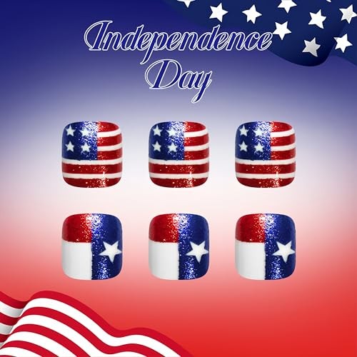 24Pcs 4th of July Press on Toenails American Flag Fake Five-Pointed Star