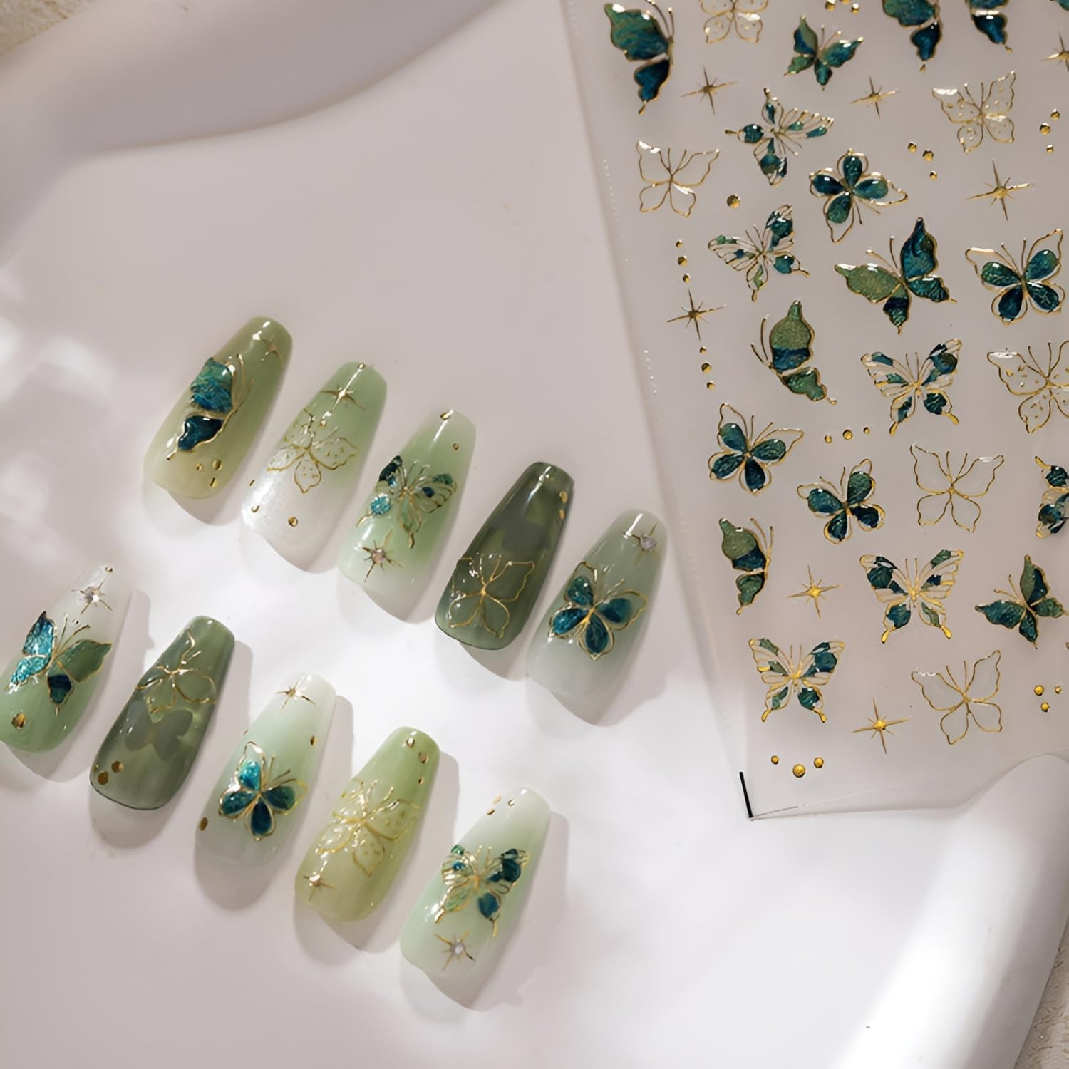 Green Butterfly Nail Stickers for Nail Art 5D Embossed Nail Decals Gold Butterfl