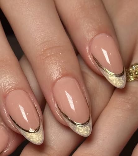 Gold Nude French Tip Press on Nails Medium Length Almond 16 – Gold Nude French