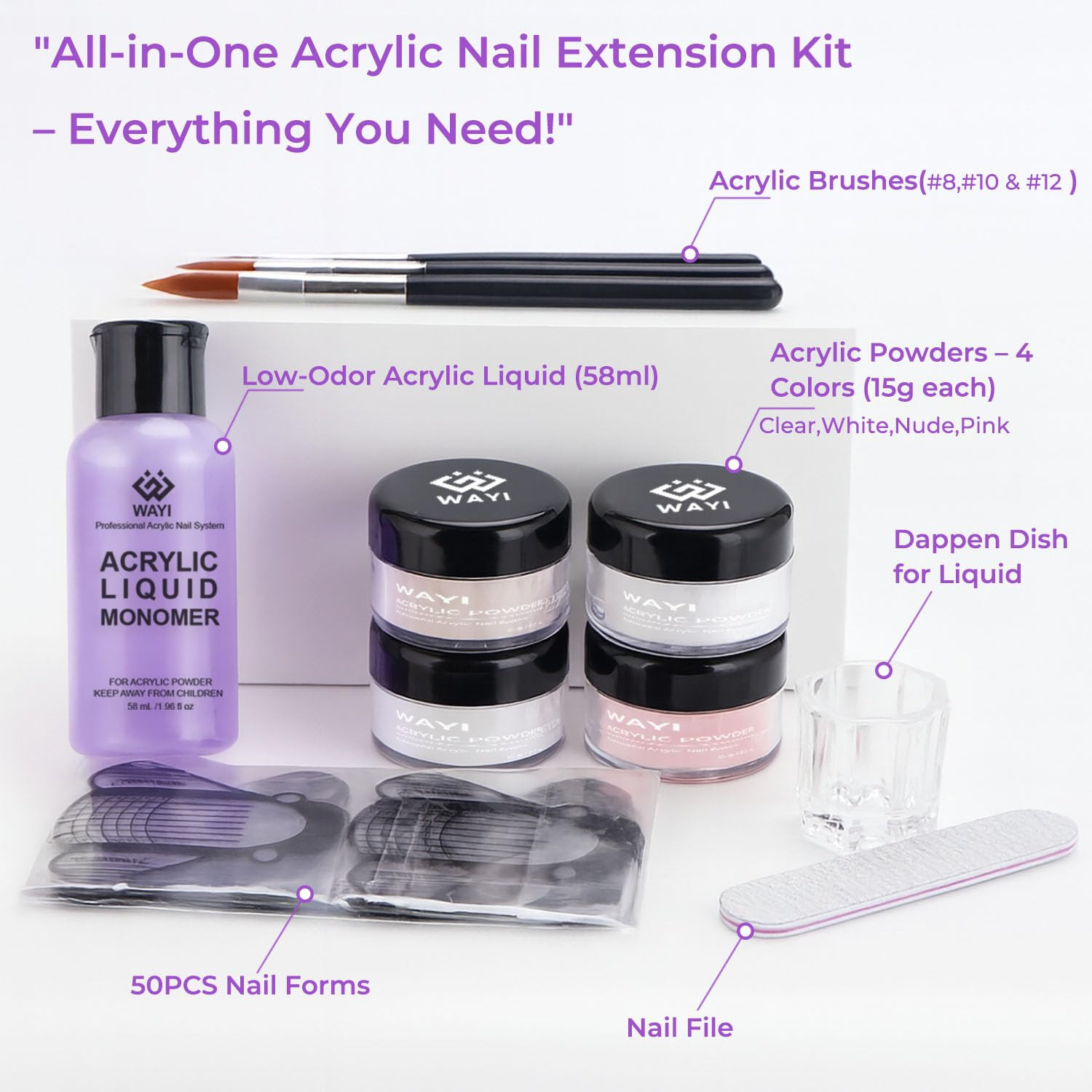 9Pcs Acrylic Nail Kit – 4Pcs Acrylic Powder (Pink, White, Clear, Nude) and Profe