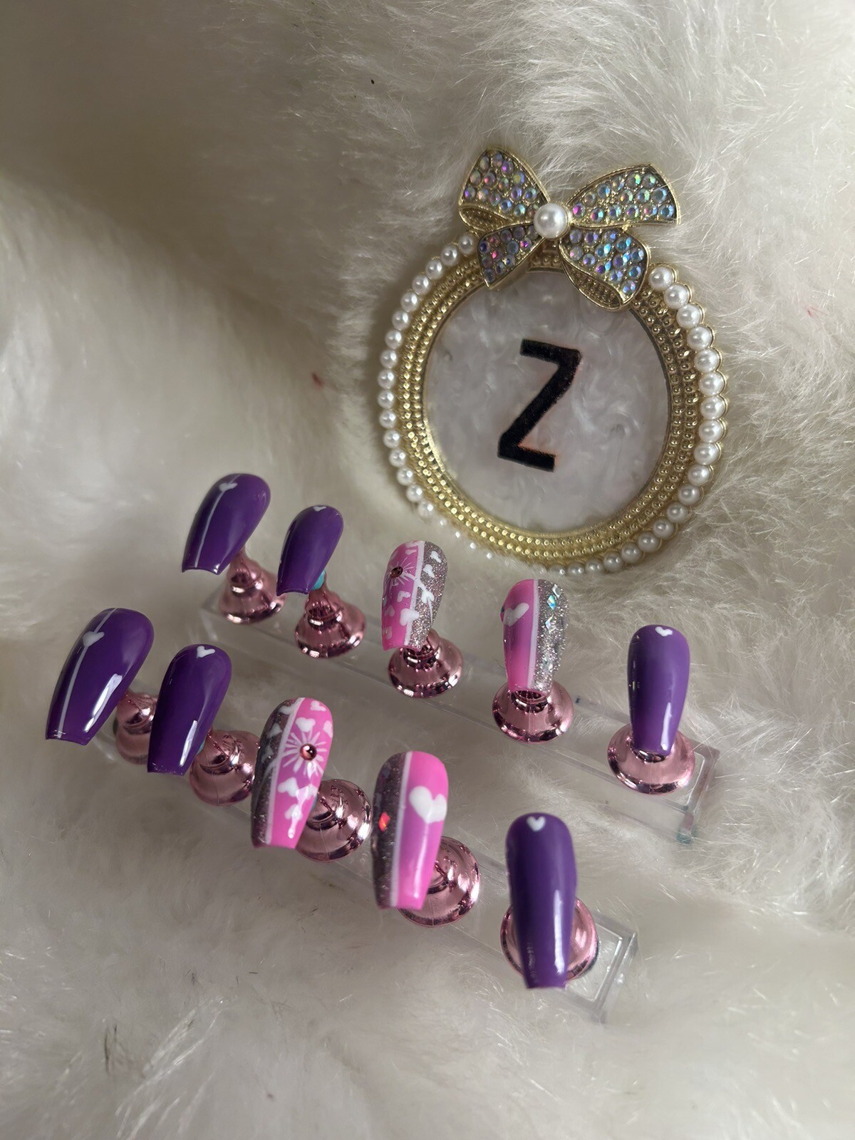 Z NAILZ! Handmade M Coffin Set Of Pink/purple/silver W/ White Hearts Press Ons