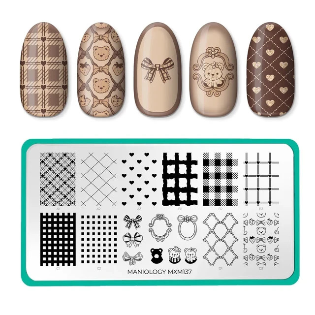 Maniology Nail Stamping Plate – MXM137 Teddy and Me: Bear Necessities Plaid