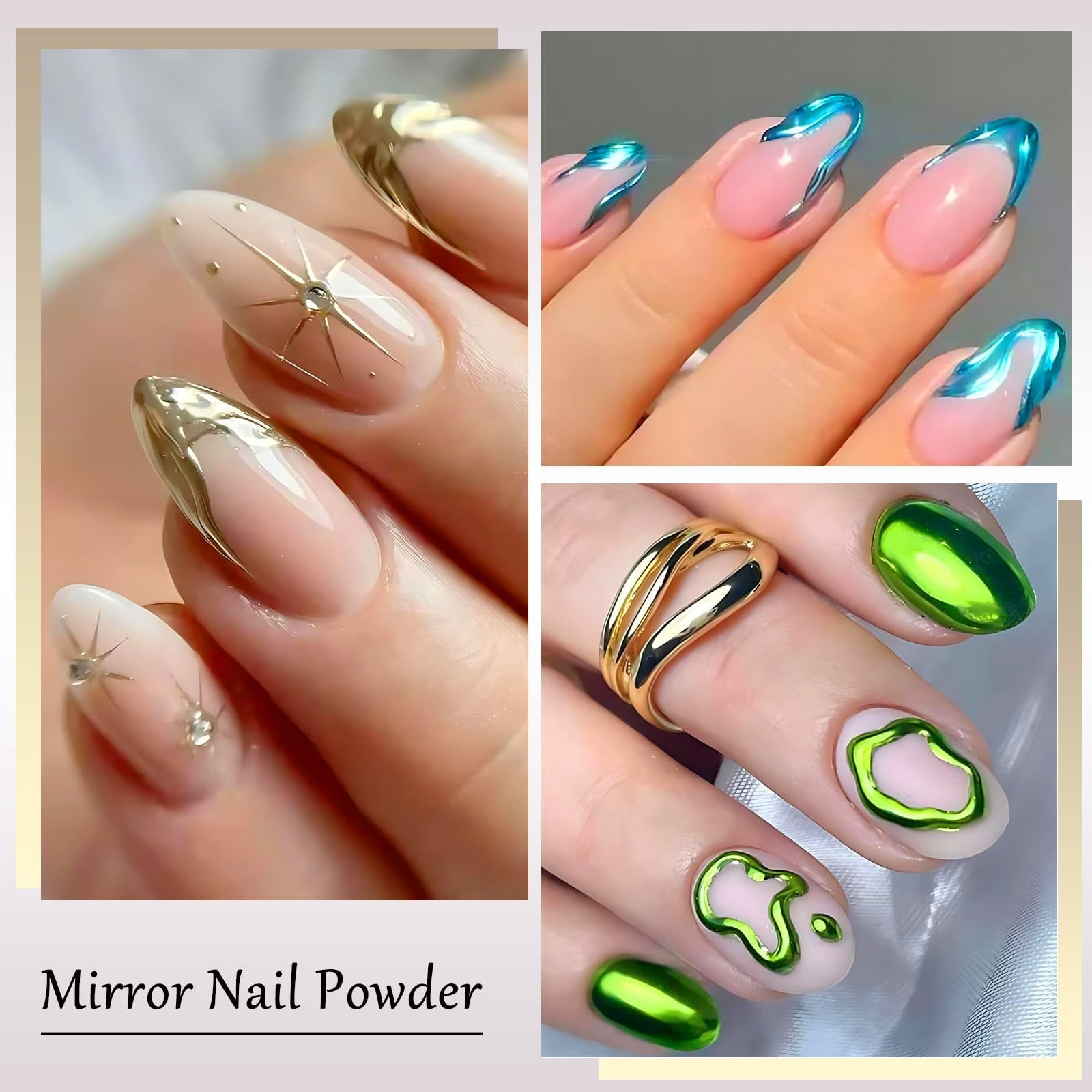 Chrome Mirror Effect Nail Powder Set, 9 Colors Metallic Pearlescent Nail Glit…