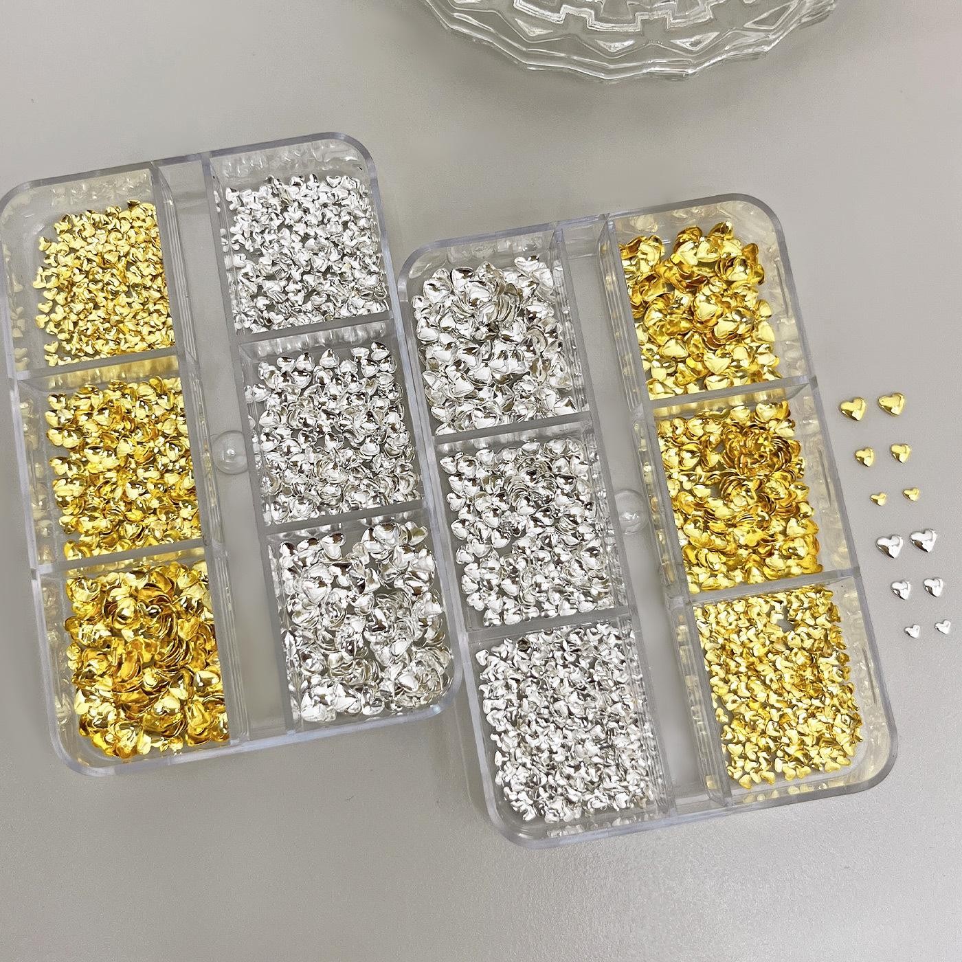 6-Grid Heart Shaped Nail Rivet Kit Mixed Silver Metal Sheets for Nail Art
