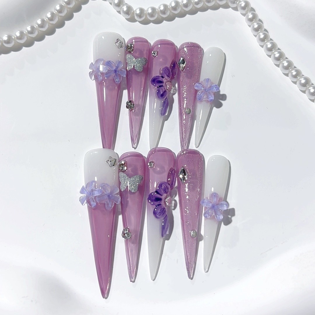 10Pcs Purple White Gradient 3D Butterfly Long Stiletto Press On Nails For Party