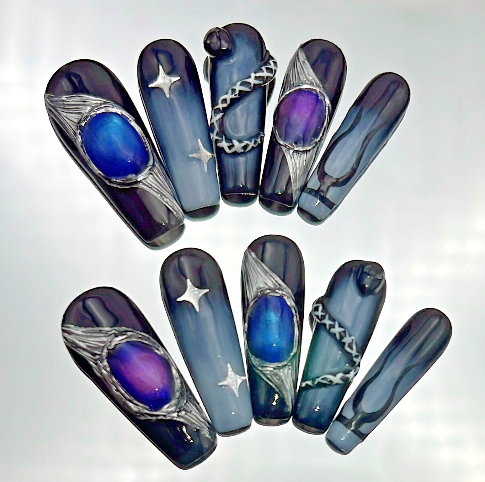 Gothic Snake & Gem Long Coffin Press On Nails,S Size Black Blue Purple Gradient