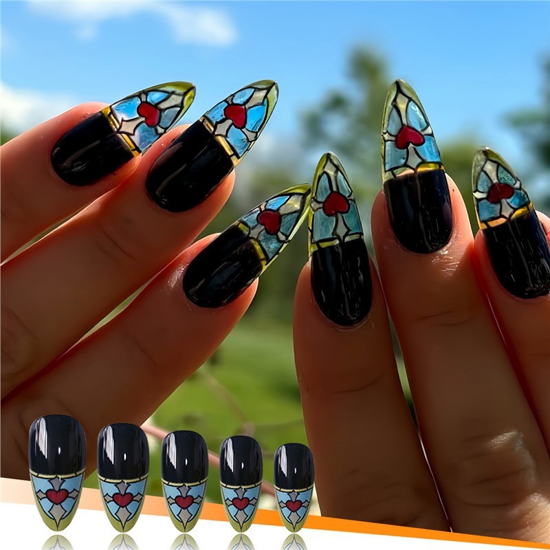 Almond Black Nails Stained Glass Heart Pattern Press On Nails Wholesale