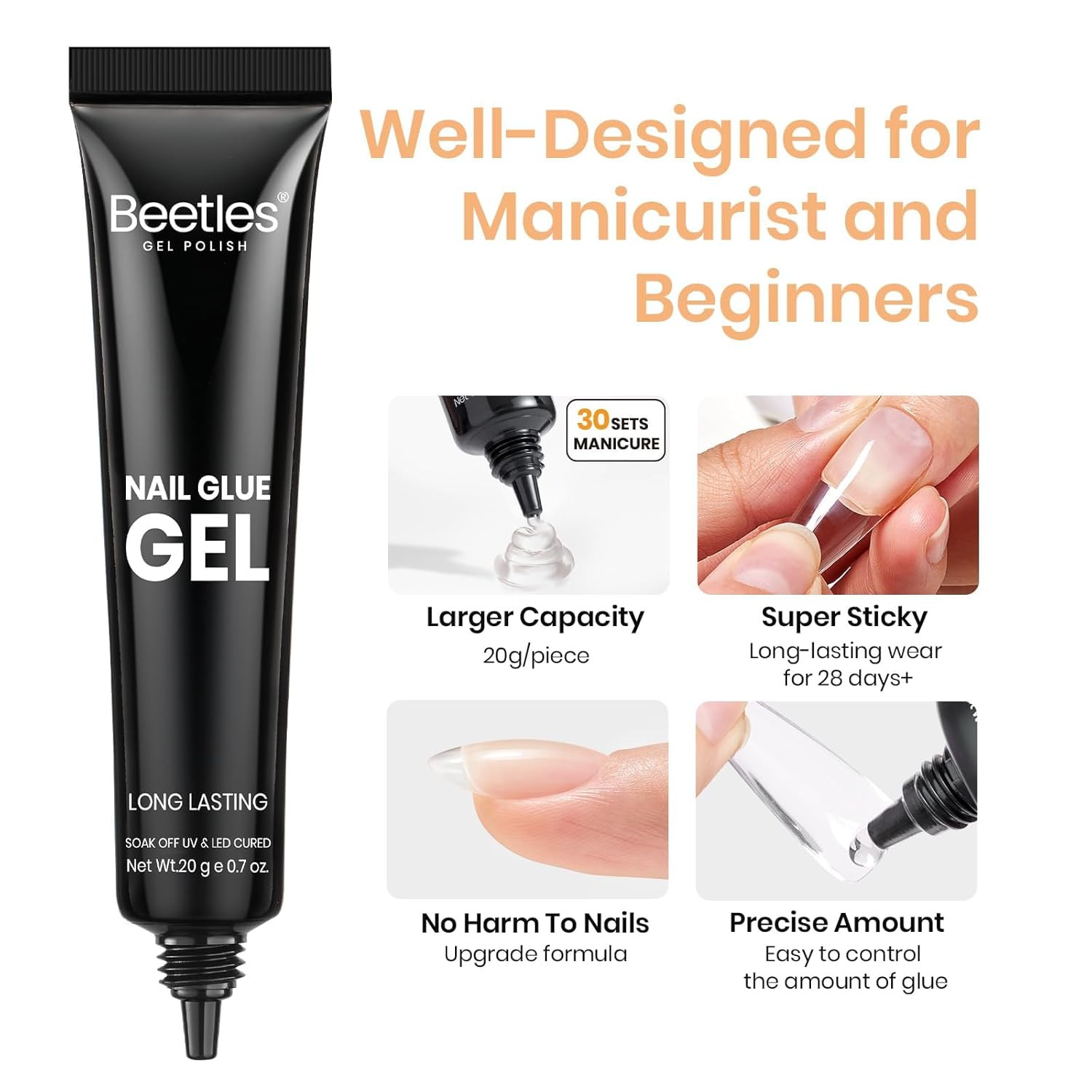 Beetles Nail Glue Gel 2x20g UV Solid Tip Gel for Fake Nails, Acrylic Extensions