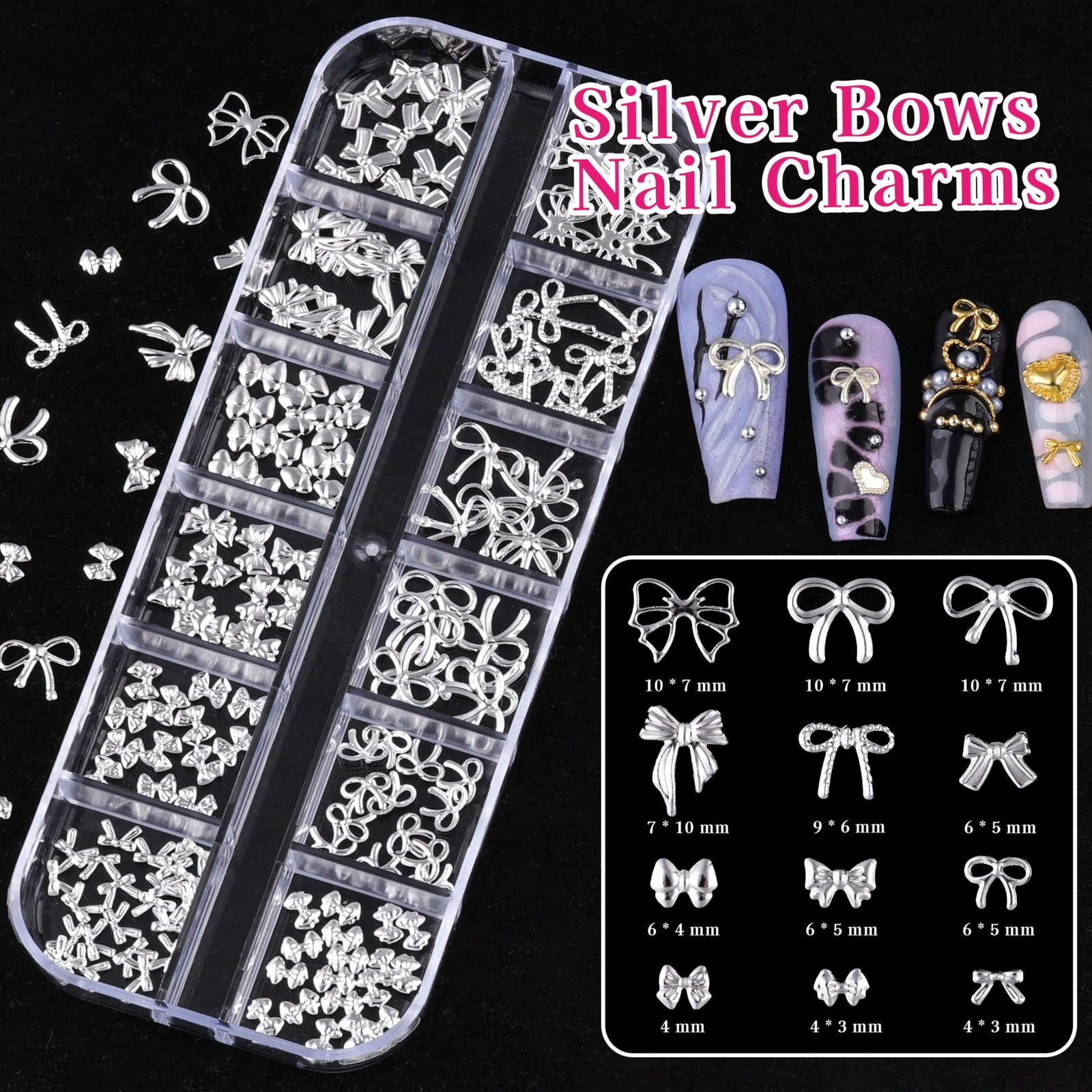 Gold Silver Star Cross Bows Nail Charms, 6 Boxes 3D Metal Y2K Nail Charms and…