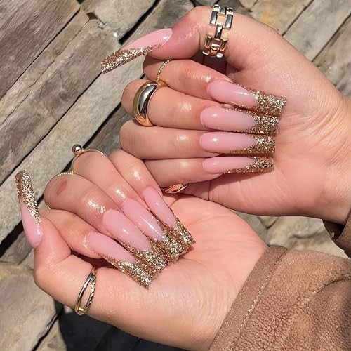 Square Press on Nails Long Fake Nails Gold Glitter French Tips 77-A14Golden