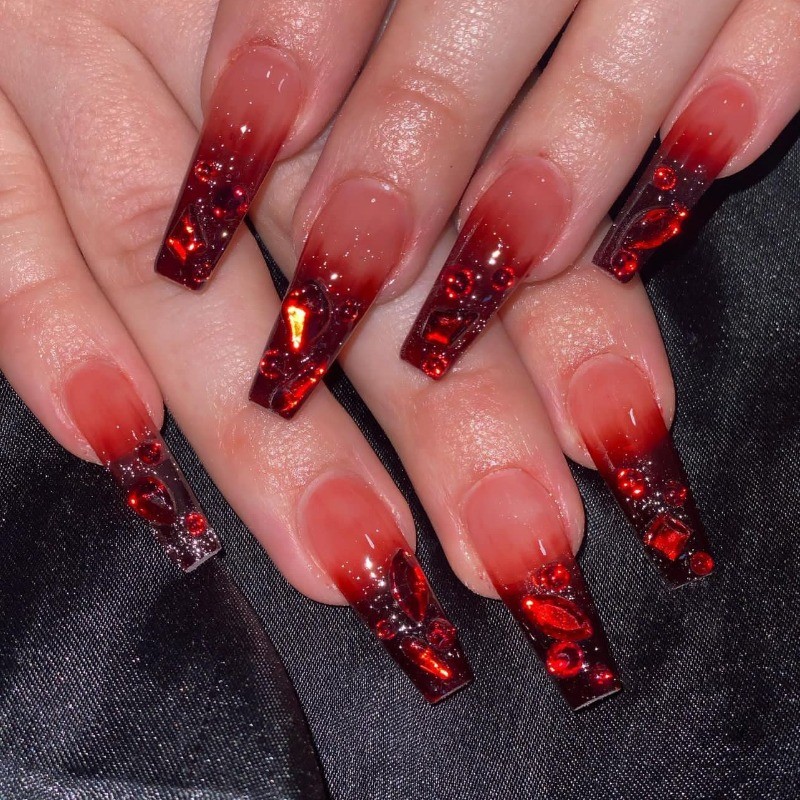 24pcs-Press on Nails Red Ombre Glitter Crystal Rhinestone Long Coffin Nail Set