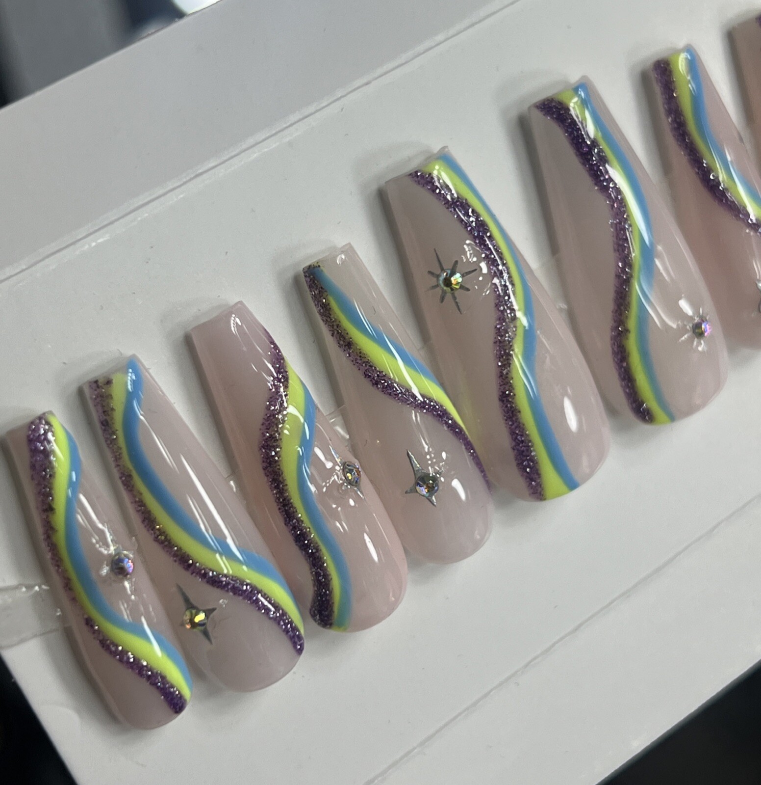 🔥CUSTOM Gel Press On False Nails, Nude W/ Bling ,Long Coffin,10p Mediun NEW