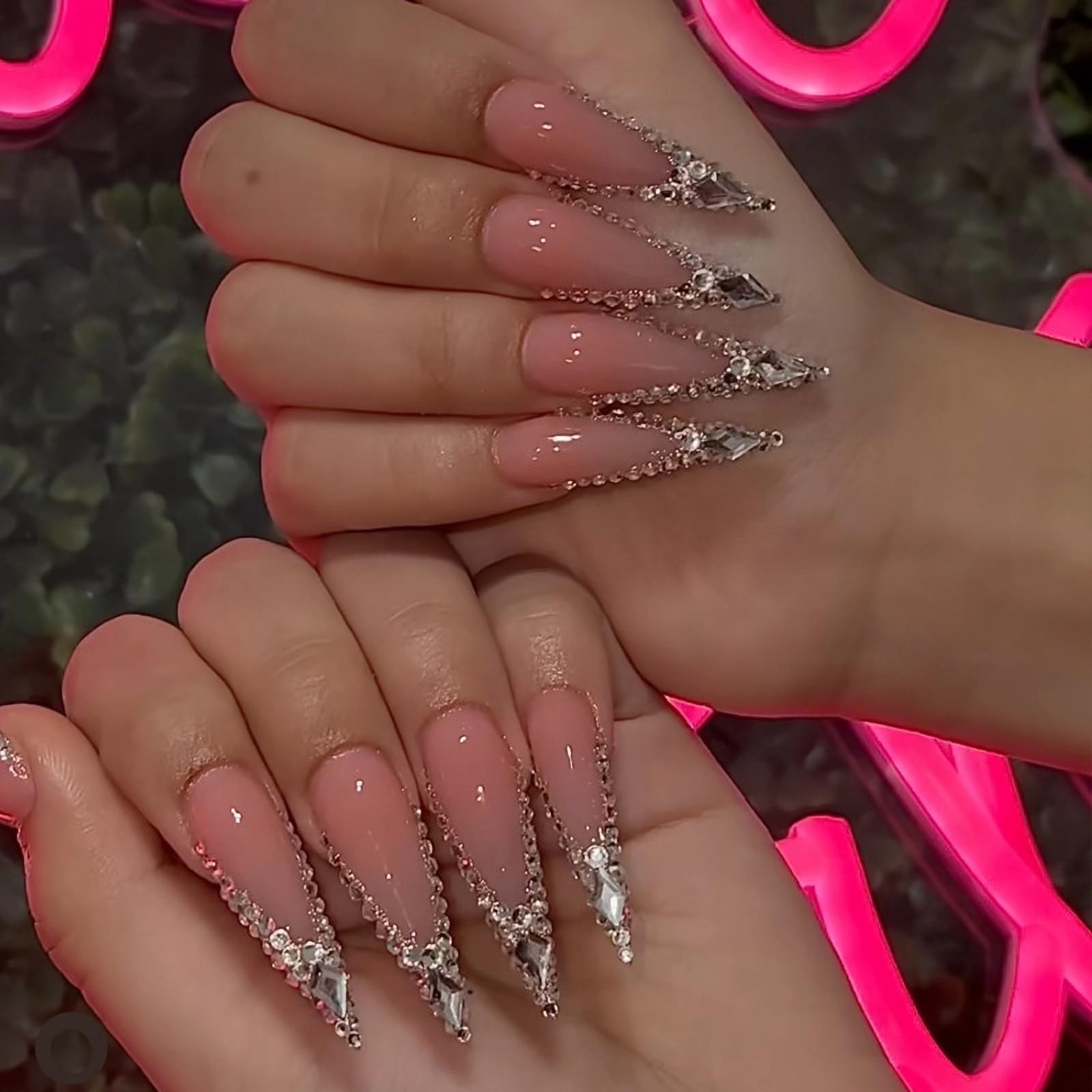 Press on Nails – Long Stiletto Glue on Nails with Bling Glitter, Acrylic Luxu…