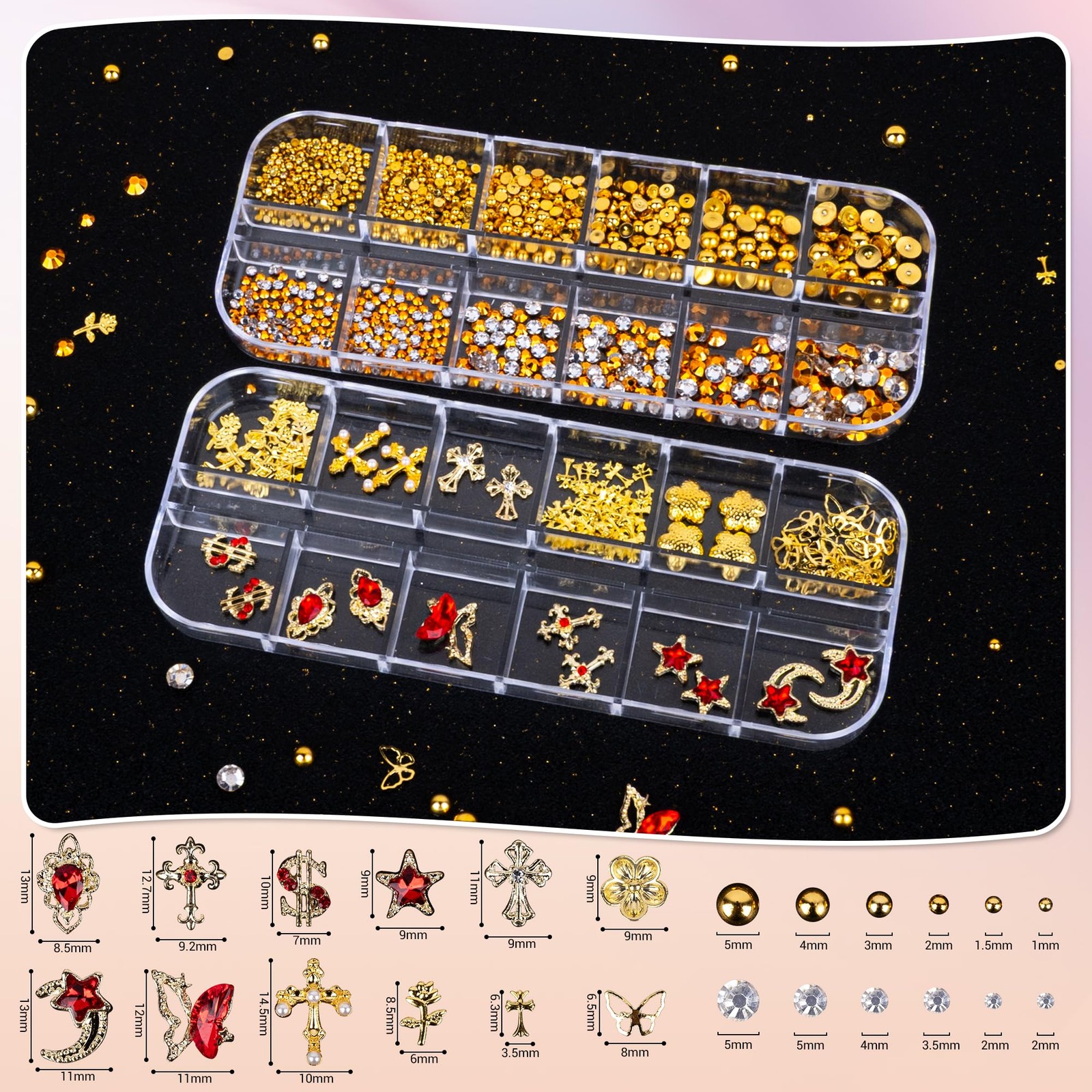 Gold Nail Charms and Nail Gems with 4 Boxes of Rhinestones 3D Metal for Nail …