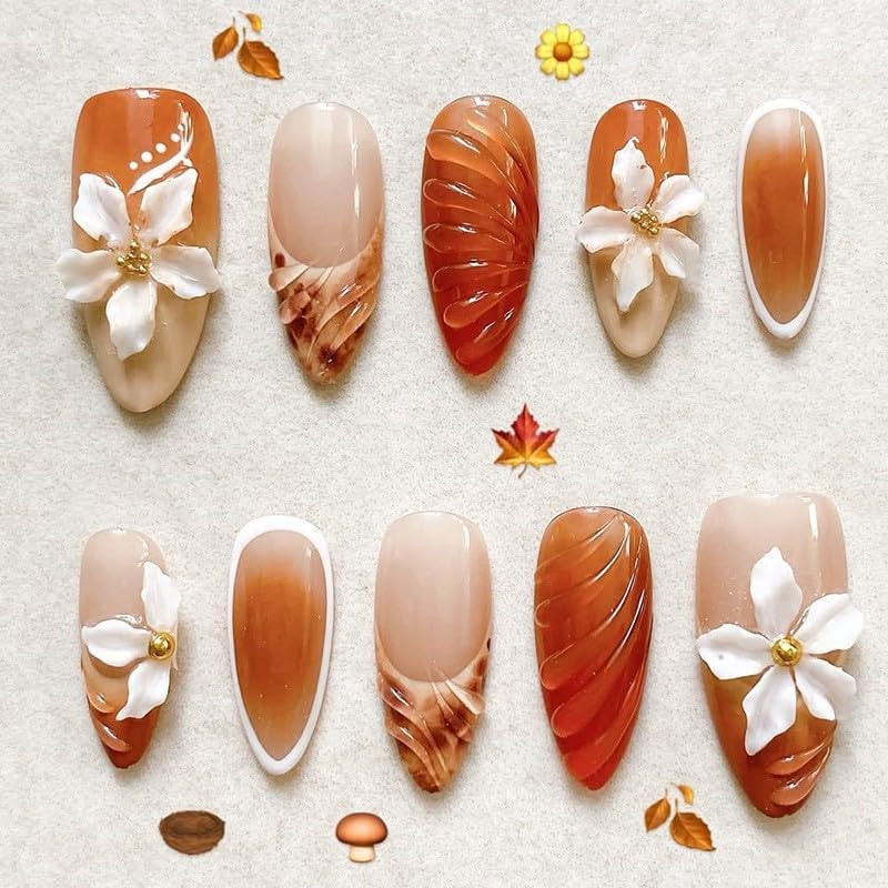 Almond Press on Nails 3D Floral Fake Dark Brown False Artificial Stick on Nails