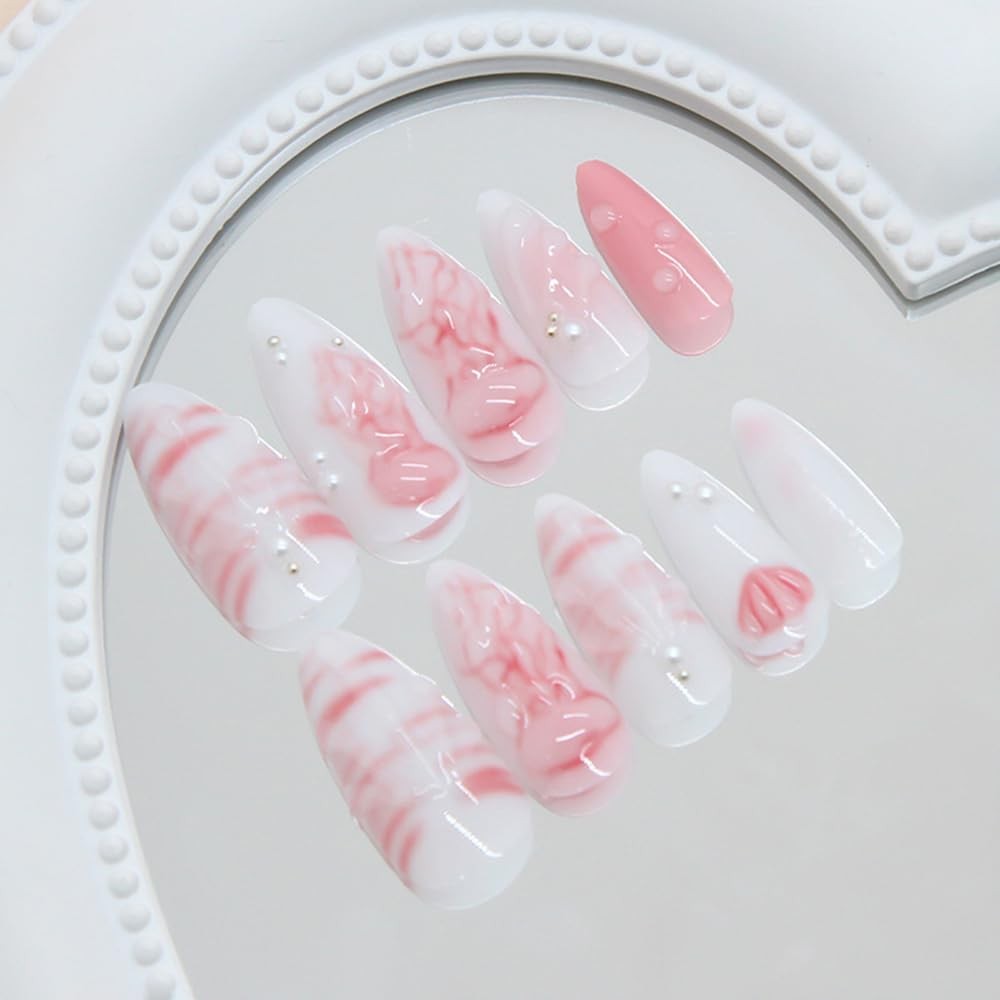 24 Pcs Summer Press on Nails Short Almond, Fake Nails Press ons Acrylic Nail …