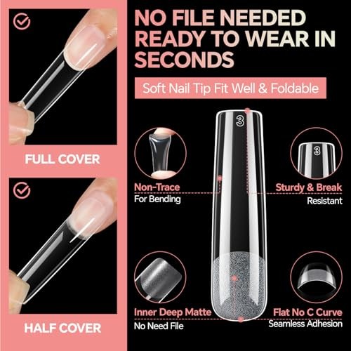 XXL No C Curve Square Flat Nail Tips, 240pcs XXL Square Nail Tips Full Cover