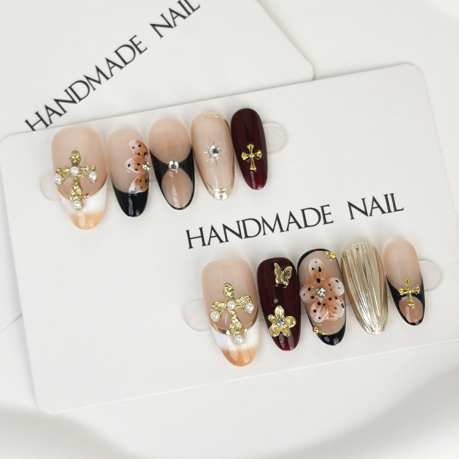 Sweet Gothic Rococo Press-On Nails with Pearl Cross & Metallic Accents Almond