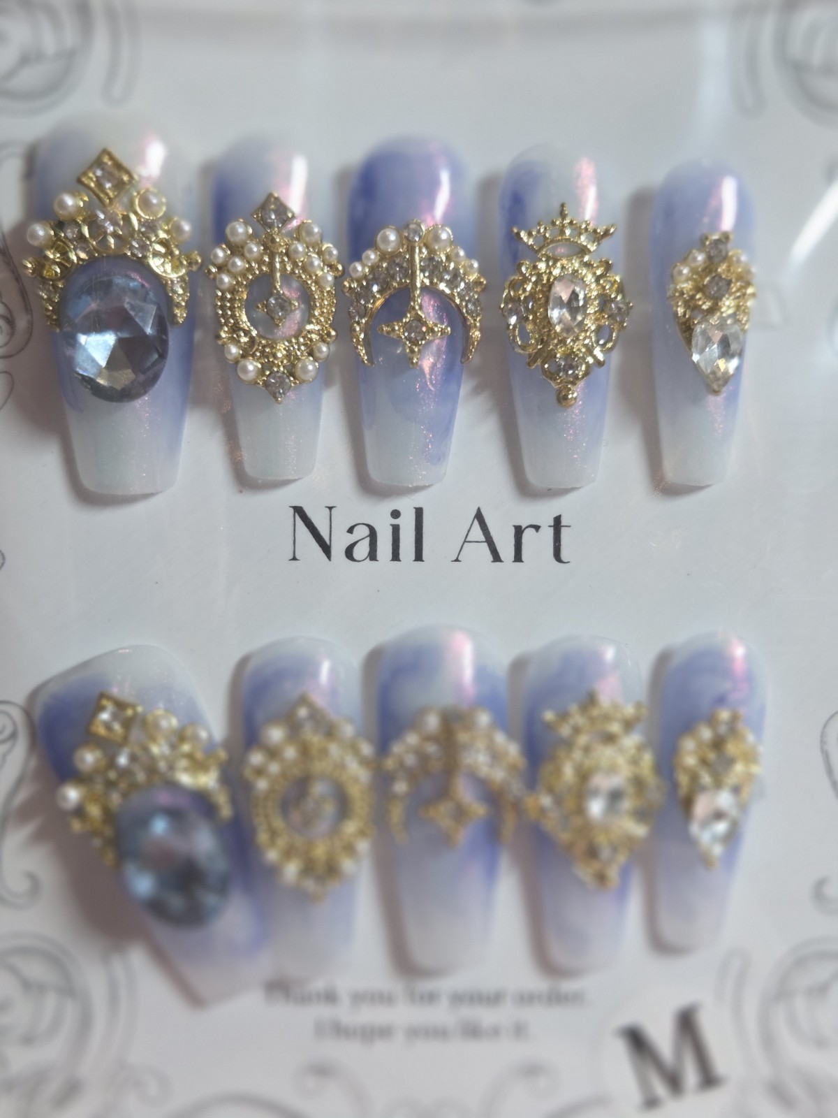 Press On Nails Handmade Medium Blue marble background with large princess charms