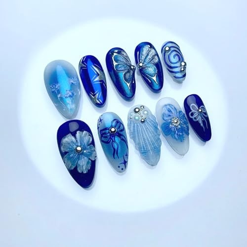 24Pcs Blue Flowers Press on Nails Medium Blue Deep Sea Butterfly Fake Nails 23