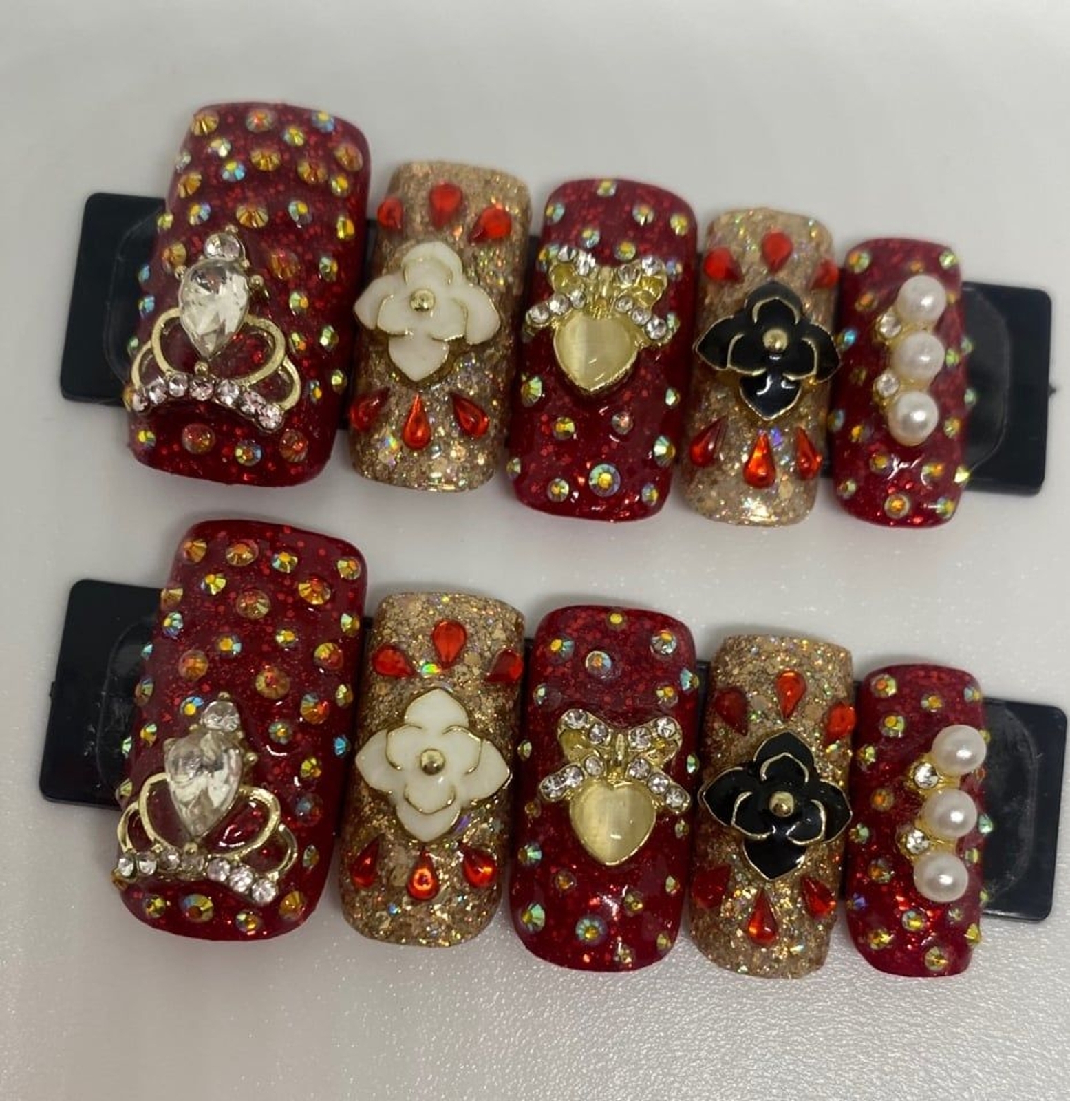 Red, Gold, Black, & White Square Press On Nail Set