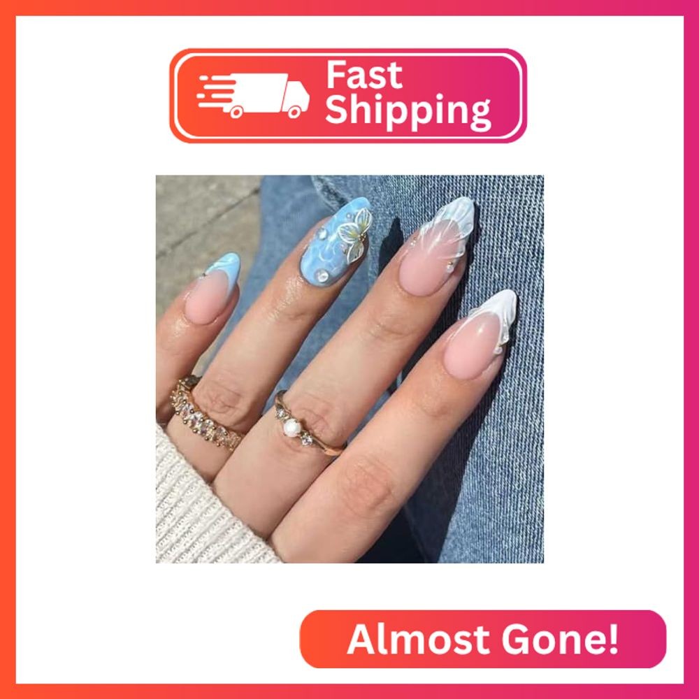 Enppode Almond Press-On Nails – Medium French Tips Blue Glossy Full Cover for Wo